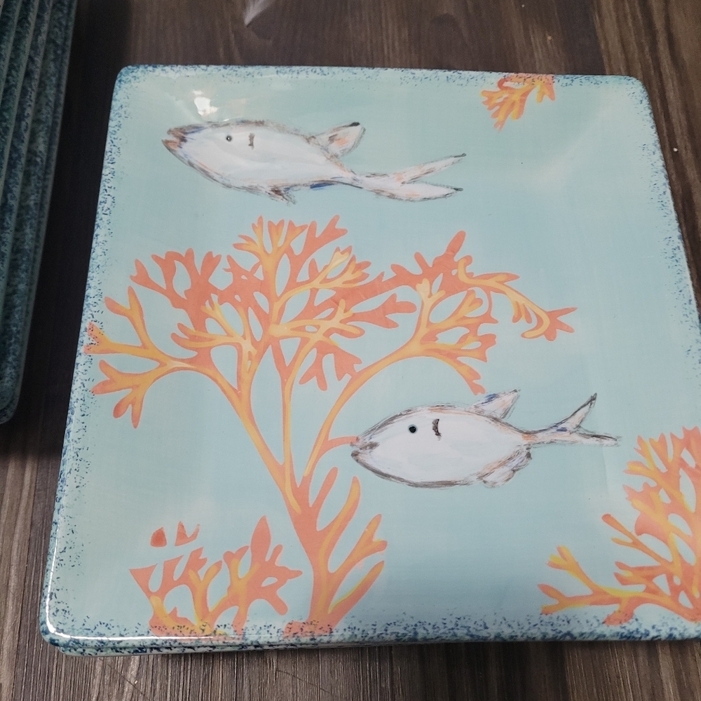 American Atelier Currents square dinner plates Saucers Hand Painted fish design - Picture 3 of 10
